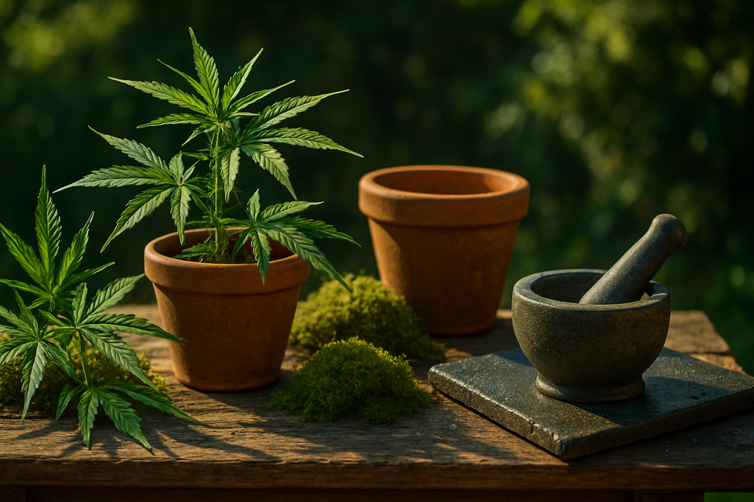 Mesa de madeira rústica ao ar livre com plantas de cânhamo frescas dispostas ao lado de vasos de terracota e musgo, com um pequeno pilão de pedra sobre uma superfície de ardósia coberta de orvalho, iluminada pela luz do sol filtrada pela folhagem em 
