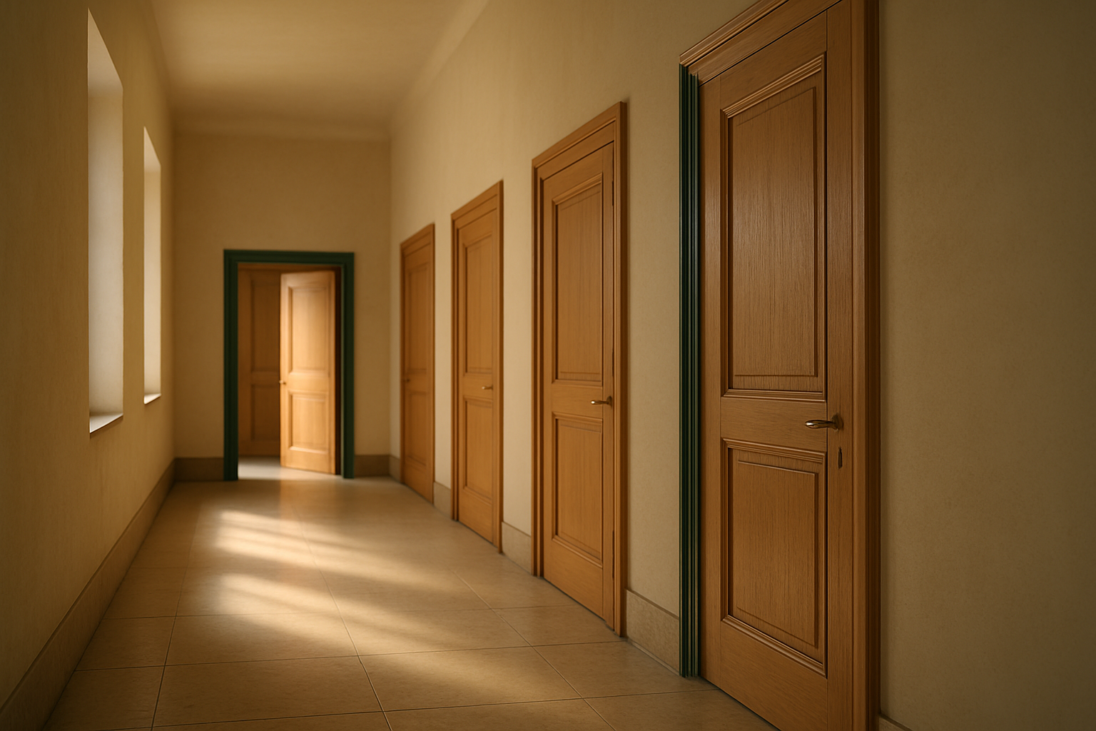 Corredor de paredes claras com uma fileira de portas altas de madeira clara ao longo da parede direita, cada uma com maçaneta de latão e batente pintado de verde-escuro. Ao fundo do corredor, uma última porta está entreaberta e deixa passar uma faixa