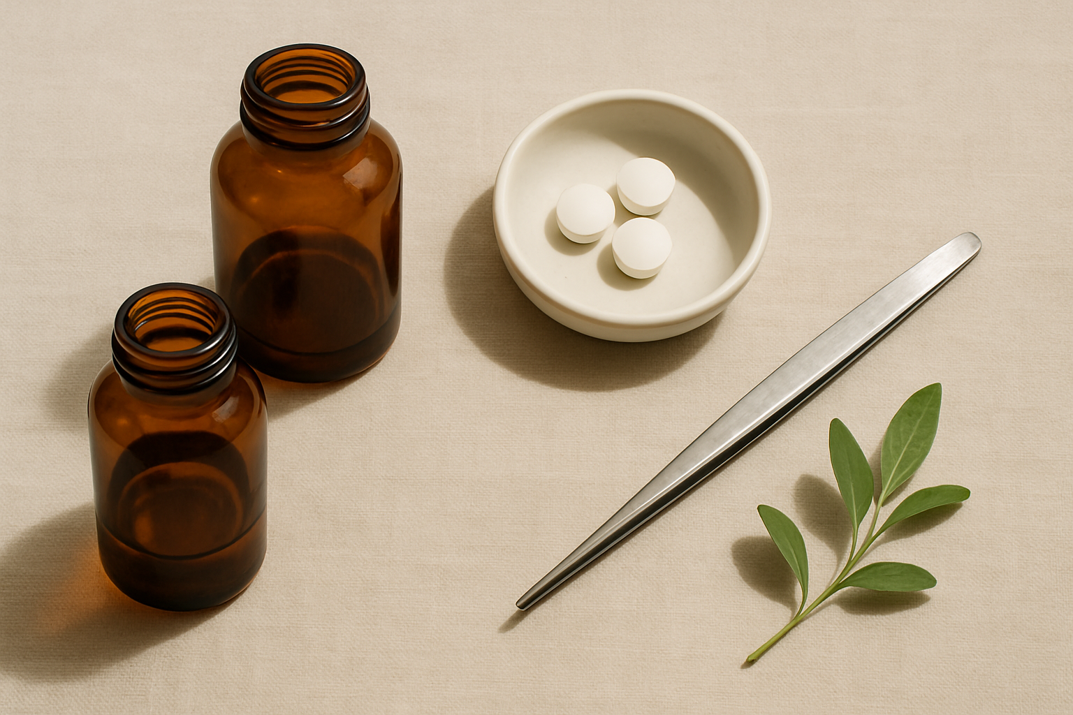 Frascos âmbar farmacêuticos, comprimidos e instrumental clínico sobre superfície clara — imagem editorial sobre produtos industrializados de cannabis medicinal e o novo marco regulatório RDC 1.015/2026 da ANVISA no Brasil.