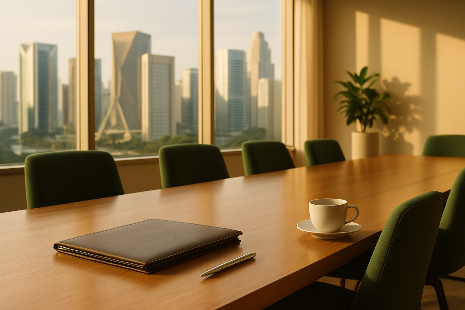 Mesa de boardroom executivo ao entardecer com skyline de São Paulo ao fundo, portfólio de couro fechado, caneta e xícara de café — Reforma Tributária 2026-2027: checklist de transição CBS/IBS para cannabis, fintech e healthtech no Brasil.