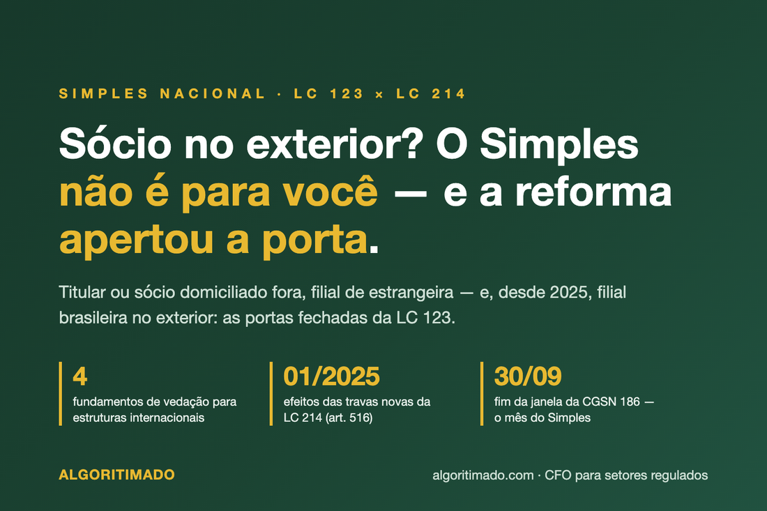 Banner: sócio no exterior exclui a empresa do Simples Nacional — 4 fundamentos de vedação da LC 123 para estruturas internacionais, travas novas da LC 214 com efeitos desde 01/2025 e a janela da CGSN 186 até 30/09.