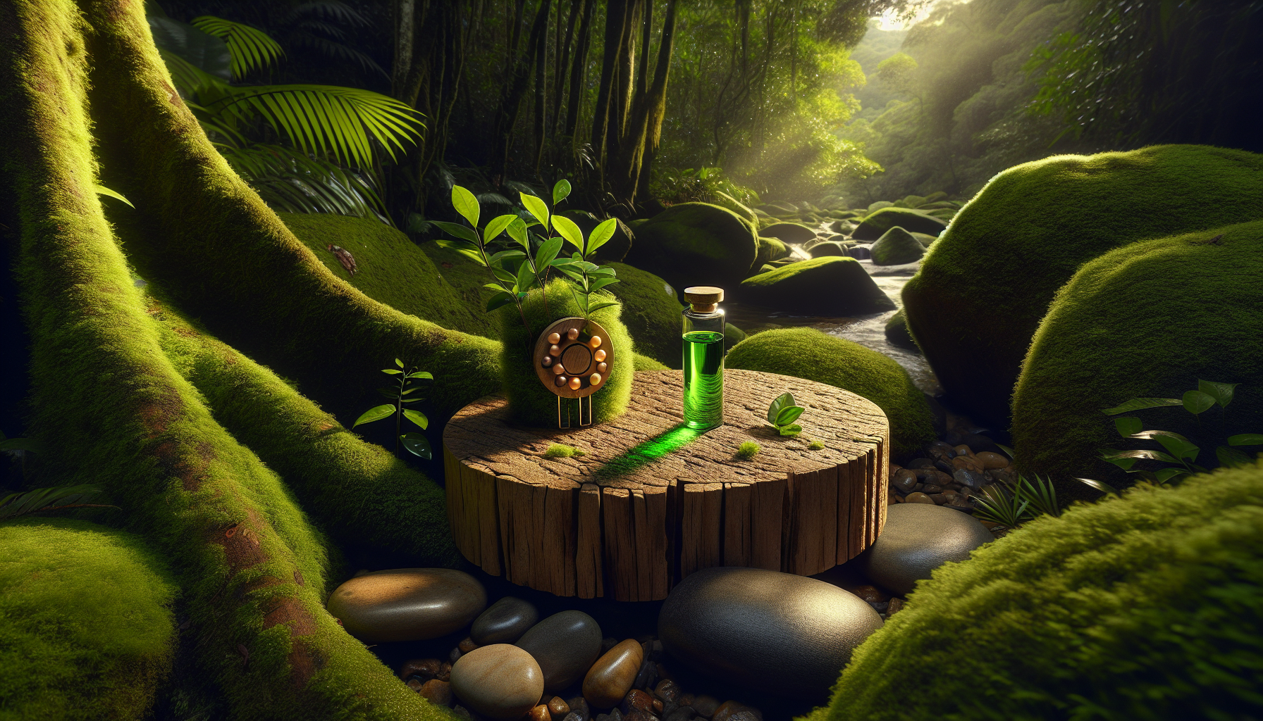 Frasco de vidro com líquido verde sobre tronco de árvore em floresta tropical com musgo e riacho — ilustração editorial regulamento CBS/IBS