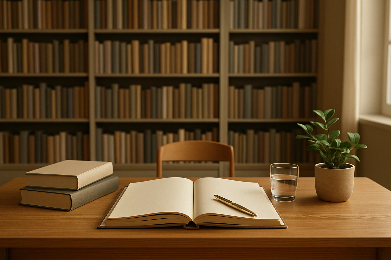 Biblioteca residencial com estante de livros ao fundo, mesa de madeira clara com livro aberto e caneta dourada — imagem editorial sobre as 7 perguntas frequentes de CFOs em setores regulados sobre revisão de pronunciamentos do CPC no Brasil.