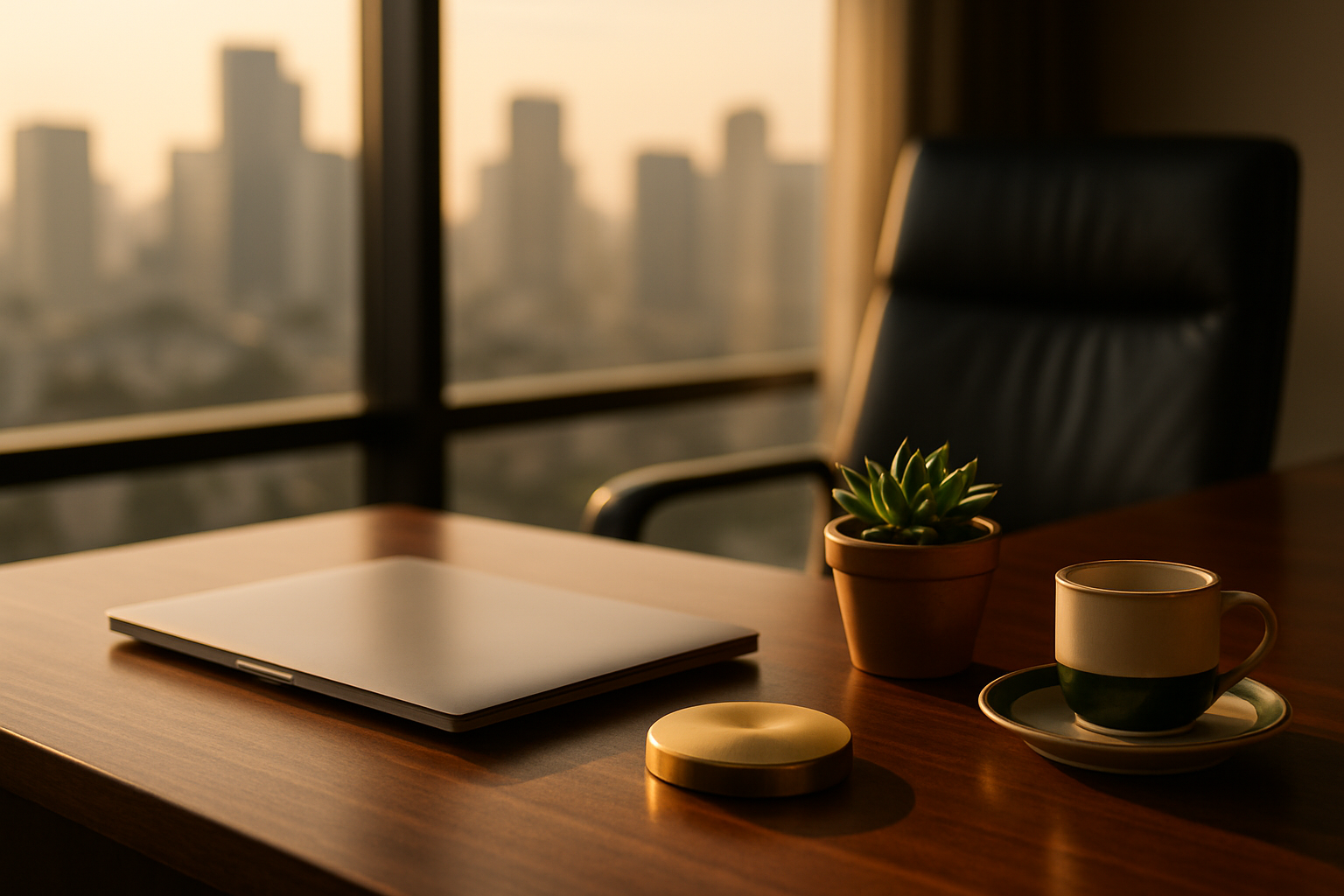 Mesa executiva ao entardecer com skyline de São Paulo, laptop fechado e medalha em metal dourado — reconhecimento TaxTech500 Documentation #1.