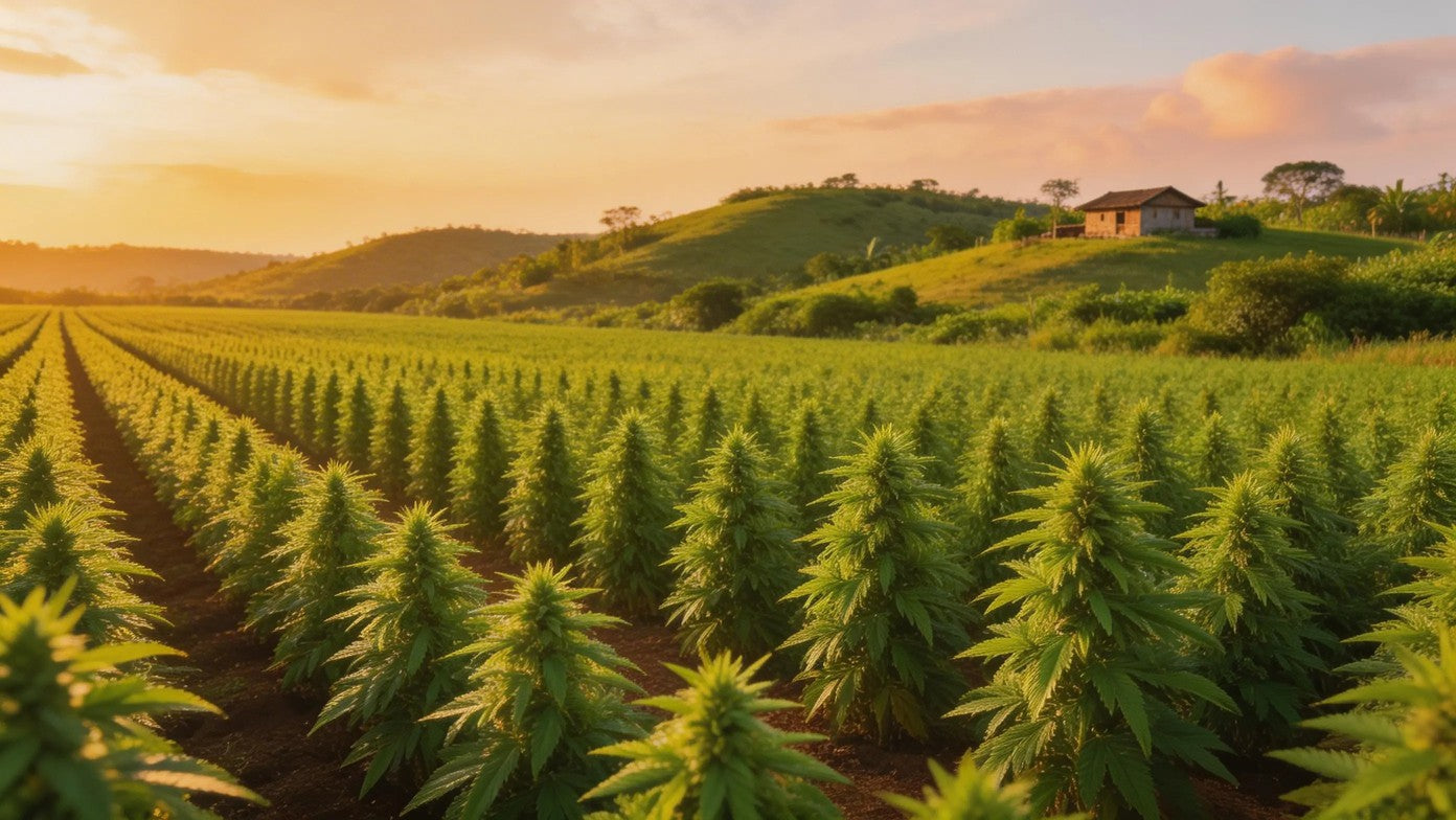 Plantação de cannabis industrial com paisagem agrícola brasileira — guia do investidor agro 2026