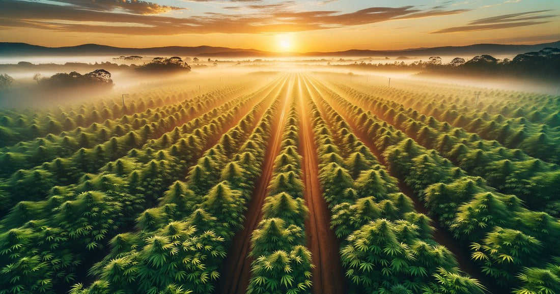 Plantação de cânhamo industrial no Brasil ao nascer do sol com luz dourada — investir cannabis Brasil