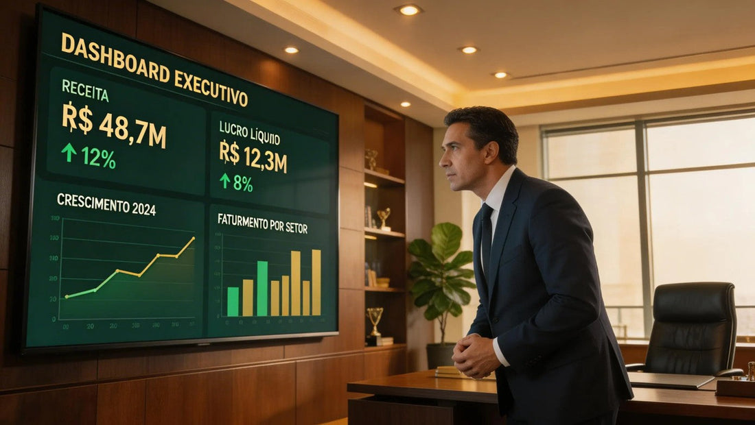 Dashboard de KPIs financeiros para CEO com gráficos de margem EBITDA e fluxo de caixa