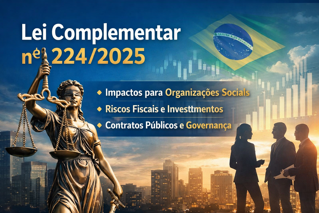Banner sobre a Lei Complementar 224/2025 e impactos fiscais para organizações sociais e contratos públicos