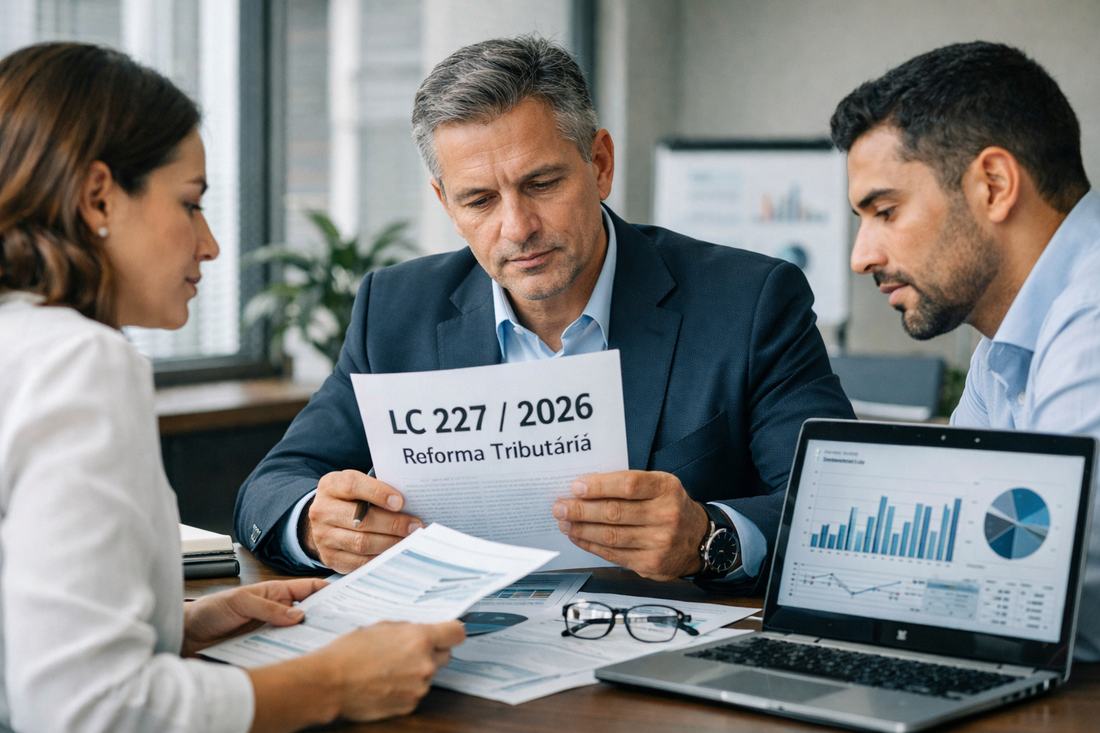 Equipe financeira analisando impacto da LC 227/2026 na reforma tributária para pequenas empresas
