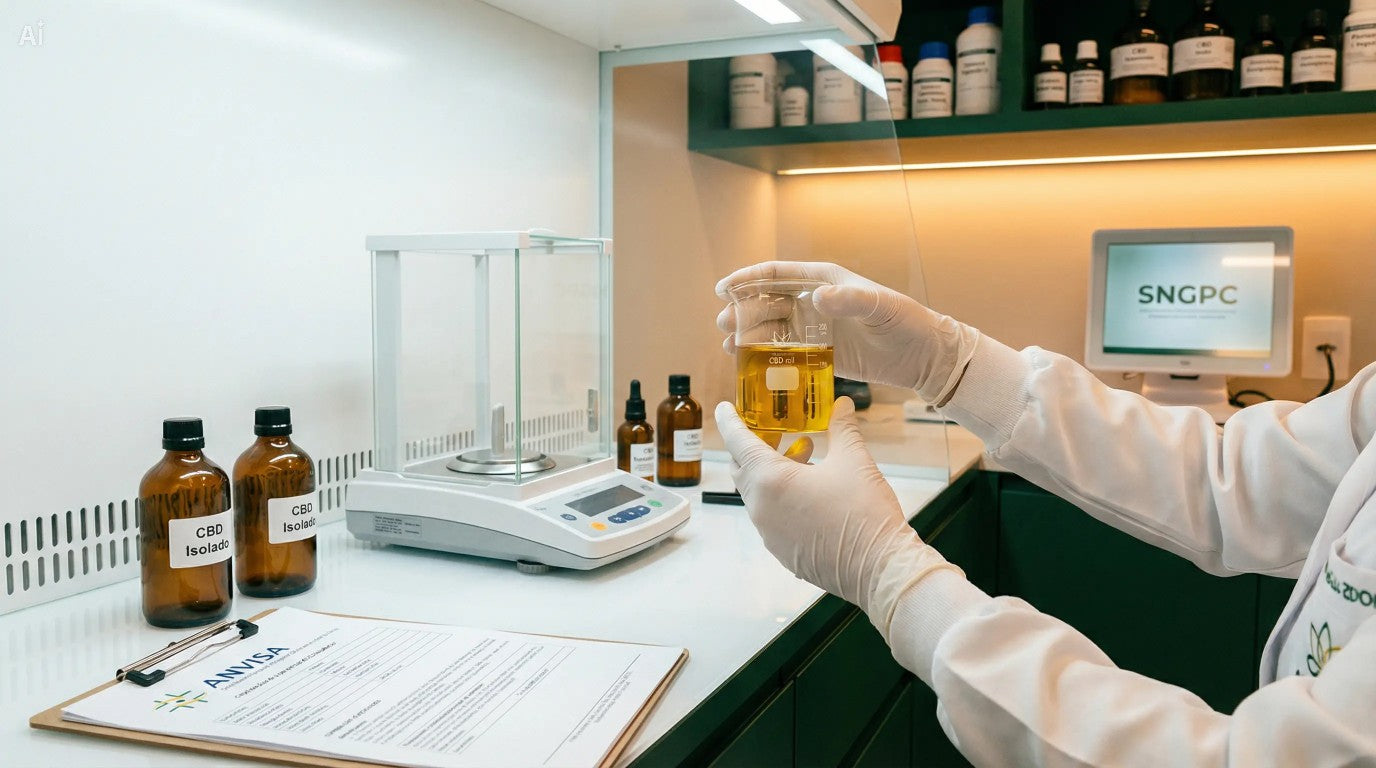 Bancada de farmácia magistral com equipamentos de manipulação de CBD, balança analítica e documentos de compliance ANVISA, representando a preparação financeira e regulatória para farmácias que desejam manipular canabidiol no Brasi