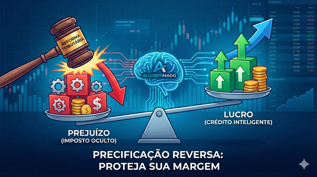 Ilustração de uma balança comercial comparando o prejuízo causado por impostos ocultos da Reforma Tributária versus o lucro gerado pelo crédito inteligente na precificação, com o cérebro digital da consultoria Algoritimado equilibrando a estratégia