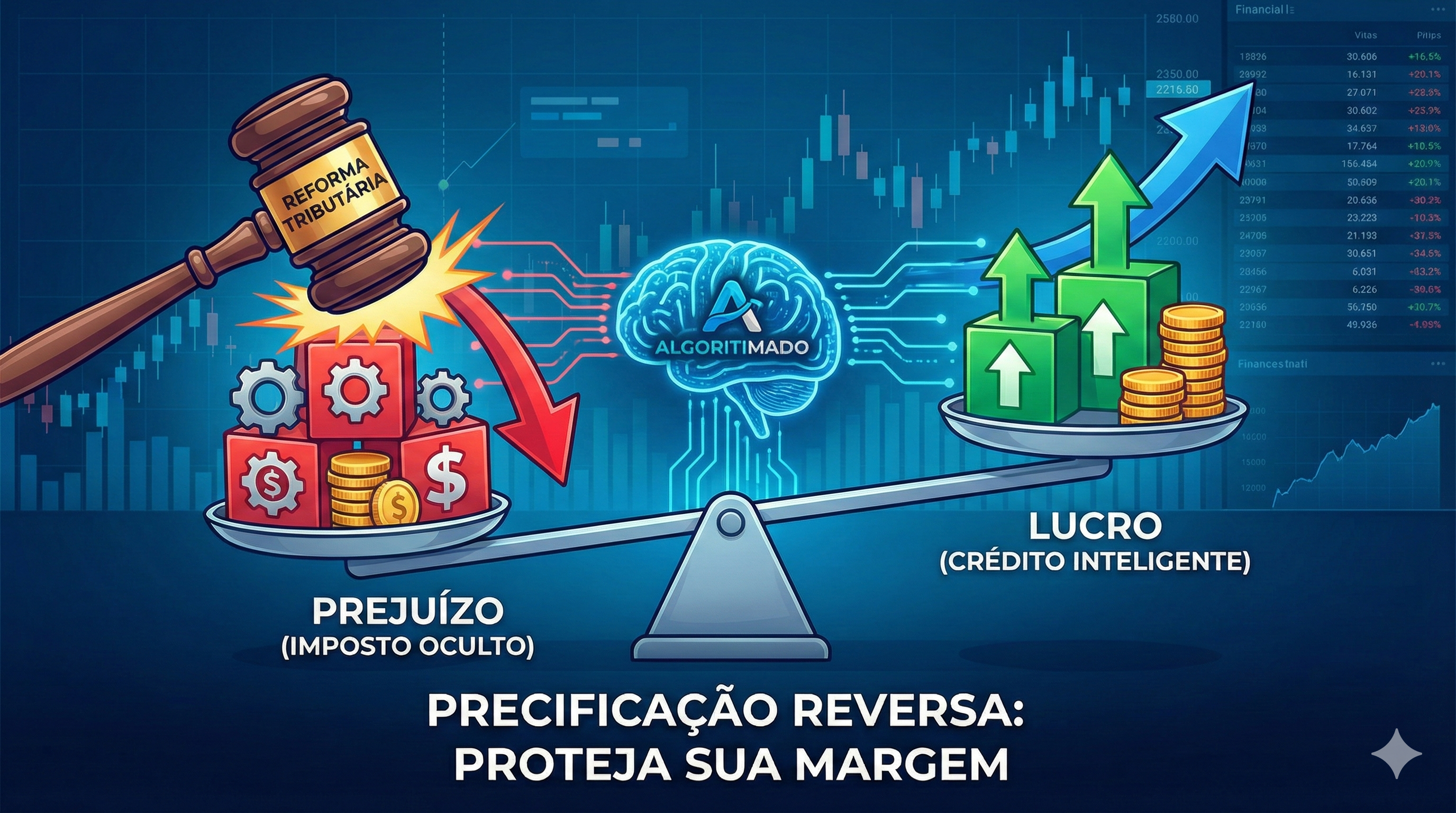 Ilustração de uma balança comercial comparando o prejuízo causado por impostos ocultos da Reforma Tributária versus o lucro gerado pelo crédito inteligente na precificação, com o cérebro digital da consultoria Algoritimado equilibrando a estratégia