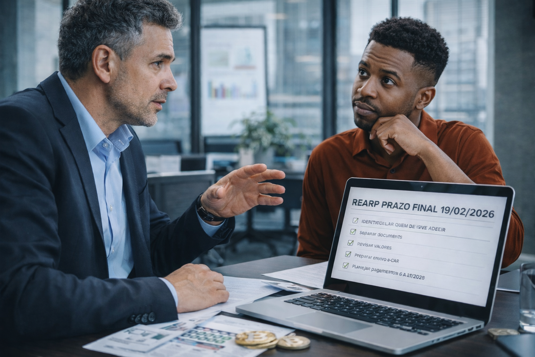 Consultor tributário analisando prazo do REARP 19/02/2026 para imóveis e criptoativos