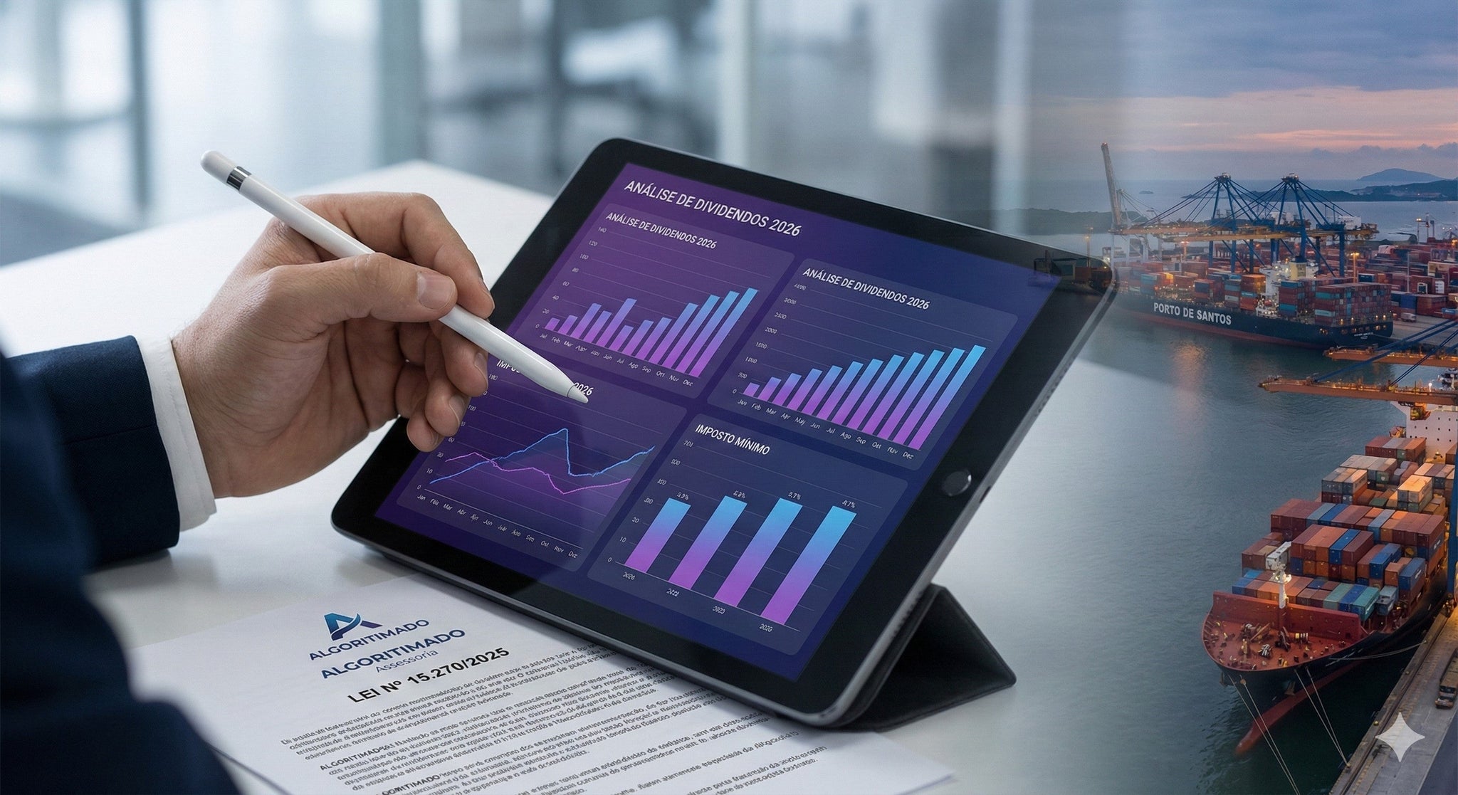 Gráfico financeiro digital sobre mesa de escritório mostrando comparativo de tributação de dividendos antes e depois da Lei 15.270 de 2025, com calculadora e óculos ao lado, cores da marca Algoritimado.