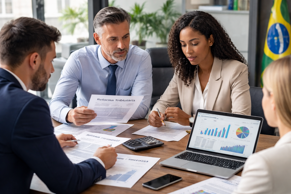 Equipe financeira analisando impacto da reforma tributária 2026 com gráficos e documentos fiscais