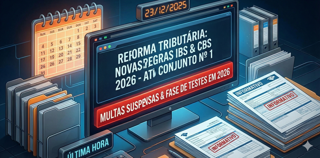 Ilustração sobre o Ato Conjunto RFB/CGIBS nº 1 definindo regras informativas para IBS e CBS na Reforma Tributária em 2026