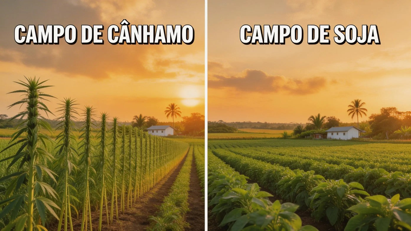 Comparativo visual de rentabilidade por hectare — cânhamo vs soja vs milho no agronegócio brasileiro