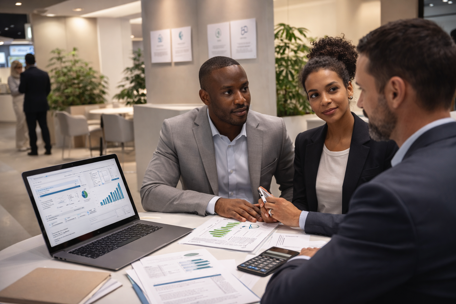 executivos em estande ESG na cannabis fair em são paulo, analisando planilhas e documentos fiscais com foco em compliance